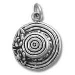 Silver round pendant with concentric rings and flowers