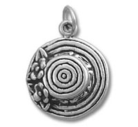 Silver round pendant with concentric rings and flowers