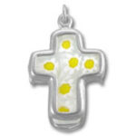 Silver cross pendant with yellow polka dots