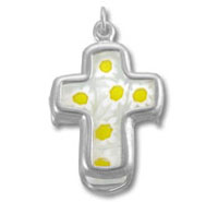 Silver cross pendant with yellow polka dots