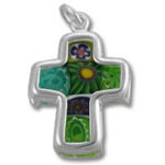 Silver cross pendant with green floral design