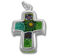 Silver cross pendant with green floral design
