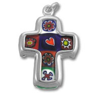 Silver cross pendant with colorful enamel designs