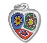 Silver heart pendant with colorful enamel flowers