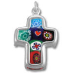 Silver cross pendant with colorful hearts and flowers