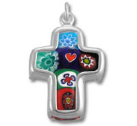 Silver cross pendant with colorful hearts and flowers