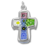 Silver framed colorful floral glass cross pendant