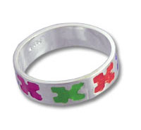 Silver ring with colorful X enamel pattern