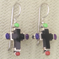 Pair of silver cross earrings with colorful stones