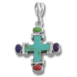 Silver turquoise cross pendant with multicolored stones