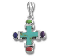 Silver turquoise cross pendant with multicolored stones