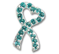 Teal gemstone heart-shaped awareness ribbon pin