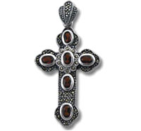 Silver cross pendant with oval red stones