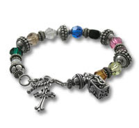 Silver charm bracelet with cross and multicolored beads