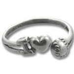 Silver heart and baseball charm ring