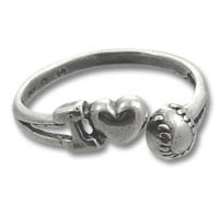 Silver heart and baseball charm ring