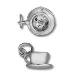 silver teacup and saucer charm, two views