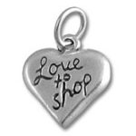 Silver heart charm engraved "Love to Shop