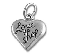 Silver heart charm engraved "Love to Shop