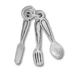 Three silver utensils: spoon, fork, knife