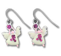 Pair of white angel earrings with pink rhinestones