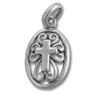 Silver oval cross pendant with decorative scrollwork