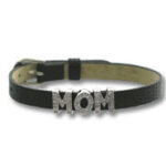 Black leather bracelet with rhinestone MOM charm