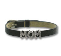 Black leather bracelet with rhinestone MOM charm