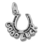 Silver horseshoe charm reading Good Luck