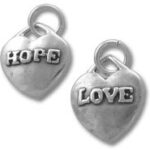 Two heart charms engraved with LOVE and HOPE
