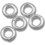 Five silver split rings on white background