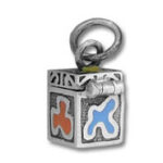 Silver cube charm with orange and blue enamel