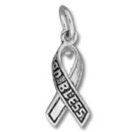 Silver ribbon charm engraved with "BLESS