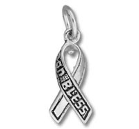 Silver ribbon charm engraved with "BLESS