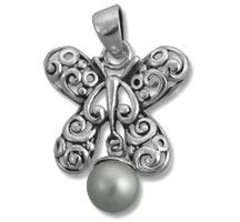 Ornate silver angel pendant with pearl