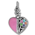 Heart-shaped silver charm with pink enamel flower