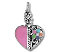 Heart-shaped silver charm with pink enamel flower