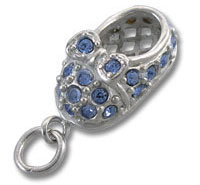 Silver baby shoe charm with blue rhinestones