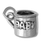 Silver mug charm stamped with "BABY