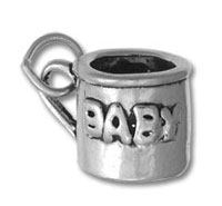 Silver mug charm stamped with "BABY