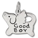 Silver dog charm reading "Good Boy