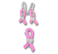 Pink breast cancer ribbon pendant and earrings