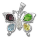 Silver butterfly pendant with multicolored gemstones
