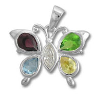 Silver butterfly pendant with multicolored gemstones