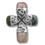Silver Celtic cross pendant with abalone and pearls