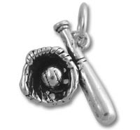 Silver baseball glove, ball, and bat charm