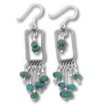 Silver rectangular earrings with green gemstone dangles