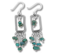 Silver rectangular earrings with green gemstone dangles