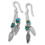 Silver feather dangle earrings with turquoise beads