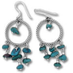 Silver hoop earrings with turquoise chip dangles